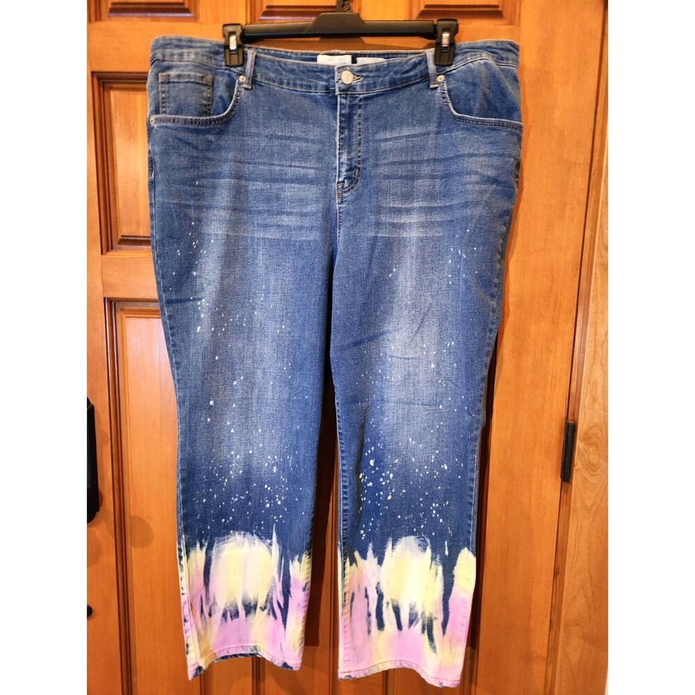 LOGO Denim by Lori Goldstein Yellow & Pink Tie Dye at Ankle w/ Splatter Size 26W